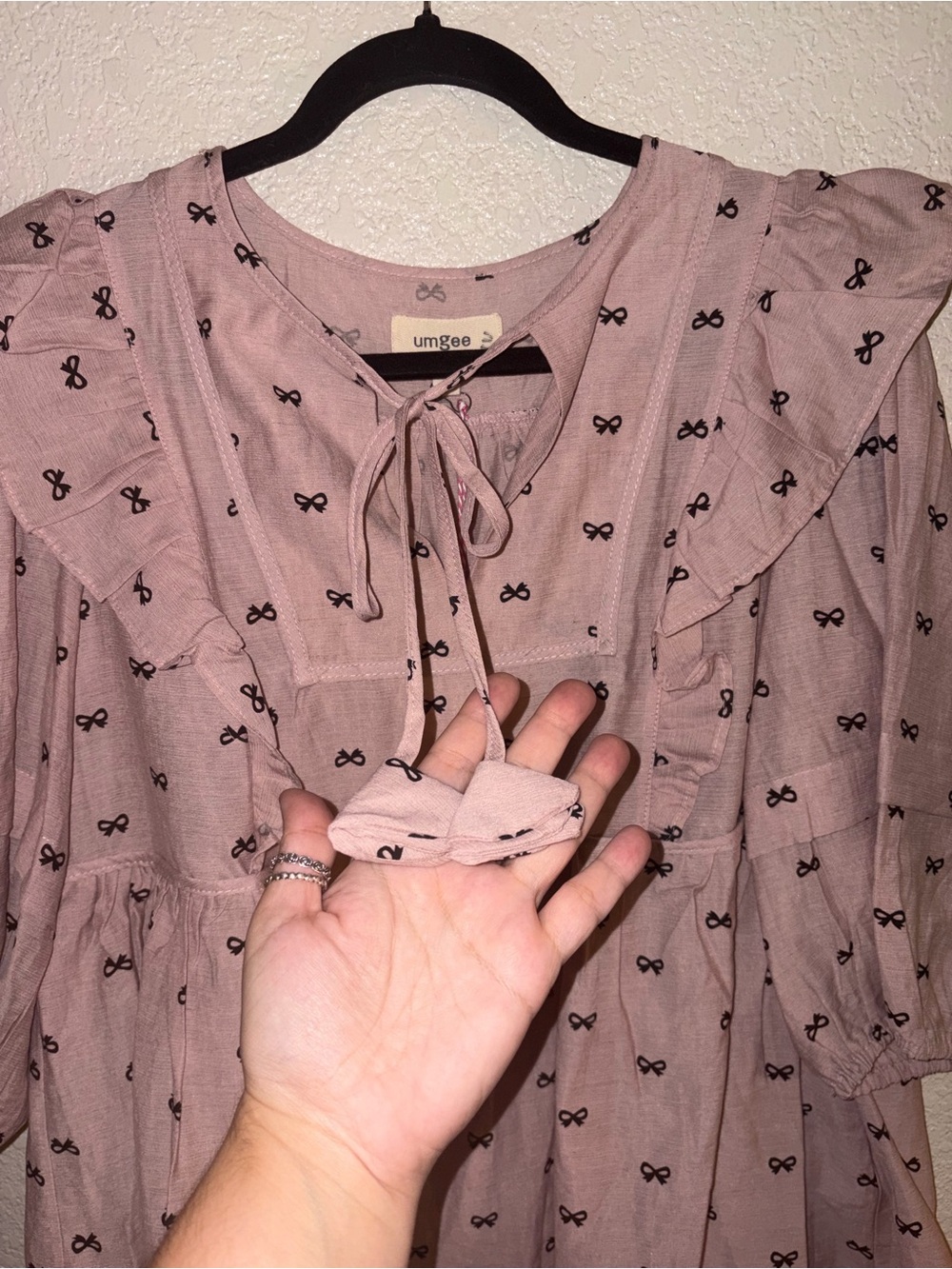🎀NWT Umgee "Bow🎀 Babydoll Blouse w/3/4 Puff Sleeves w/Ruffles” Mauve💗Black🖤Small - Picture 9 of 14